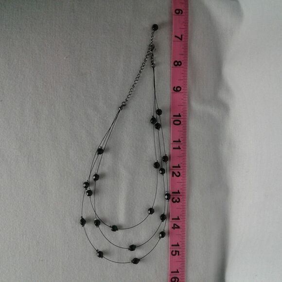 Vintage Triple Strand Black Wire Crystal Beaded Necklace With Earrings Set - Picture 6 of 9